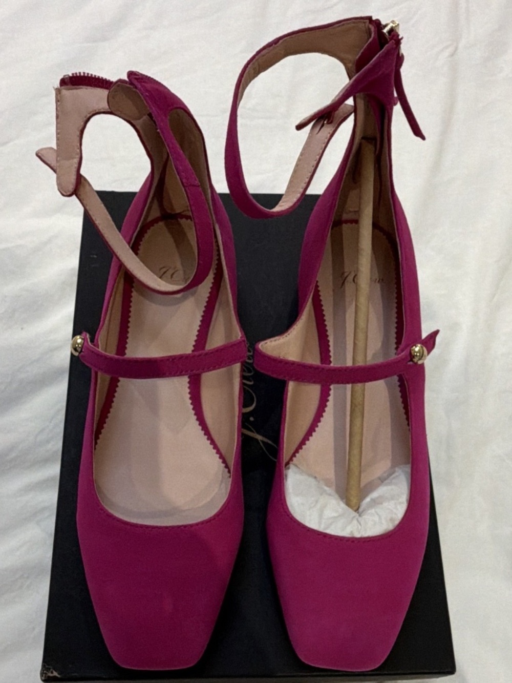 J.Crew Magenta Suede Square Toe Mary Jane Flats Ankle Strap Back Zip Size 8.5